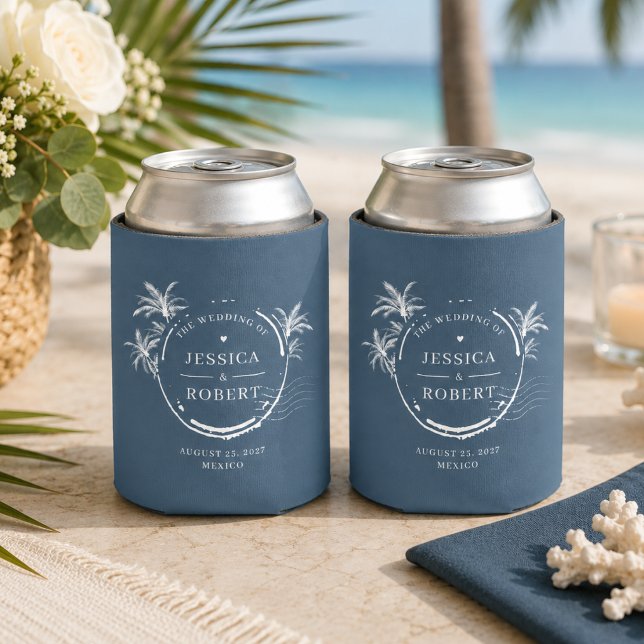 Modern Blue Coastal Stamp Wedding  Can Cooler (Creator Uploaded)
