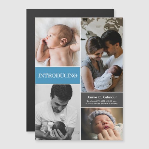 Modern Blue Collage Introducing Baby boy Birth Pos Magnetic Invitation