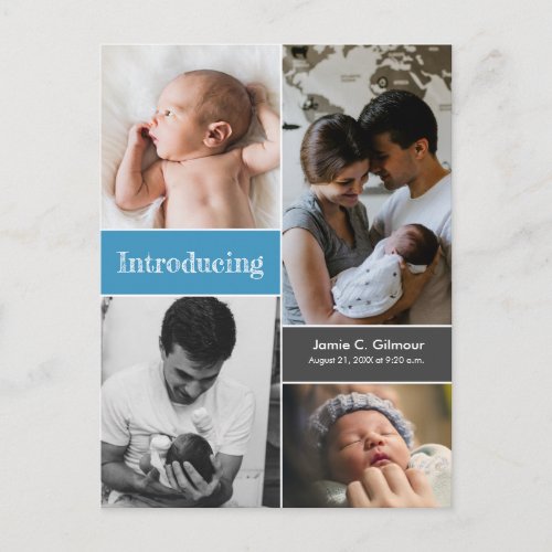 Modern Blue Collage Introducing Baby boy Birth Postcard