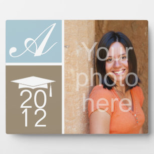 Modern blue color block monogram graduation cap plaque