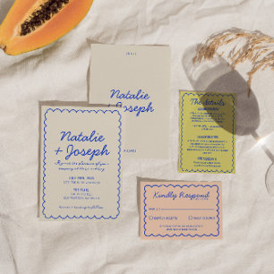 Modern Blue Colorful Retro Fun Whimsical Wedding Invitation