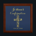 Modern blue confirmation cross boys gift box<br><div class="desc">Modern confirmation gift box for boys with a golden cross on a dark blue background and a hand lettered script name. Personalize with name,  text and date</div>