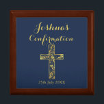 Modern blue confirmation cross boys gift box<br><div class="desc">Modern confirmation gift box for boys with a golden cross on a dark blue background and a hand lettered script name. Personalize with name,  text and date</div>