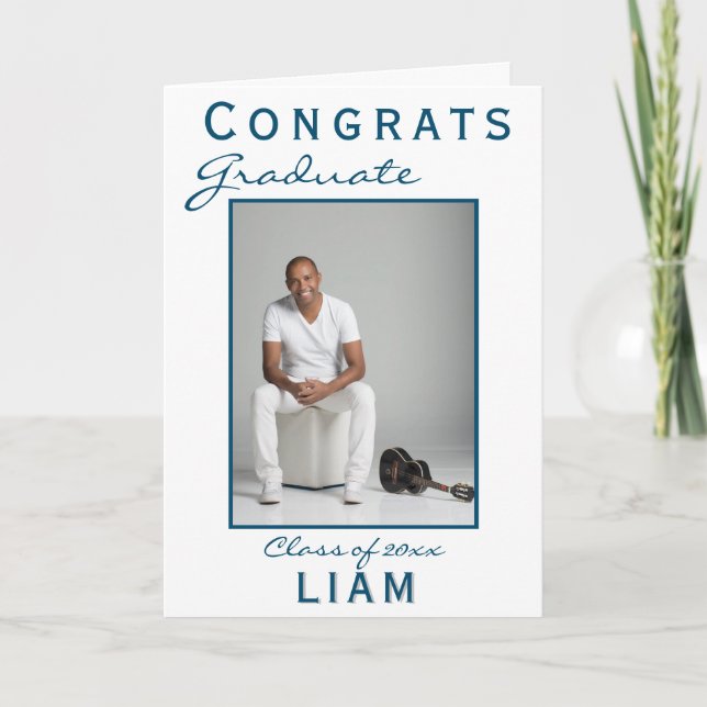 Modern Blue Congrats Graduate Graduation Photo Card (Front)
