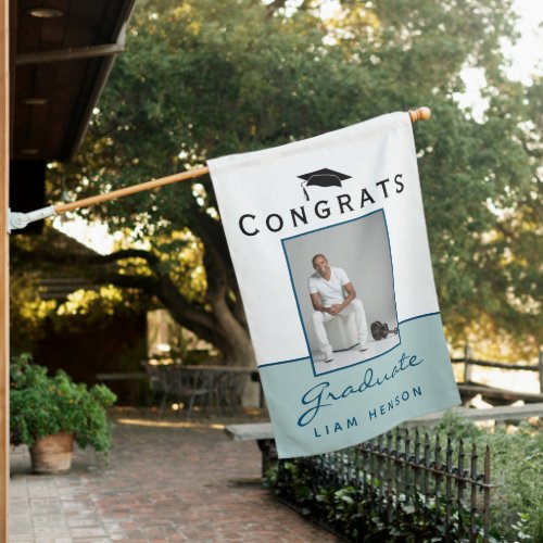 Modern Blue Congrats Graduate Graduation Photo House Flag