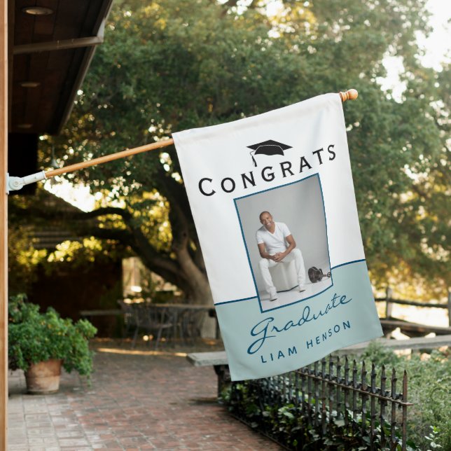 Modern Blue Congrats Graduate Graduation Photo House Flag (In SItu)