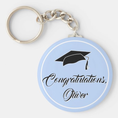 Modern Blue Congratulations Script Graduation Keychain - Simple and Modern Blue Congratulations Graduation Keychain with a graduate name,  graduation cap, modern white typography text Congratulations. Personalize with your name.