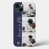 Modern blue couple names 3 photos collage grid Case-Mate iPhone case (Back)