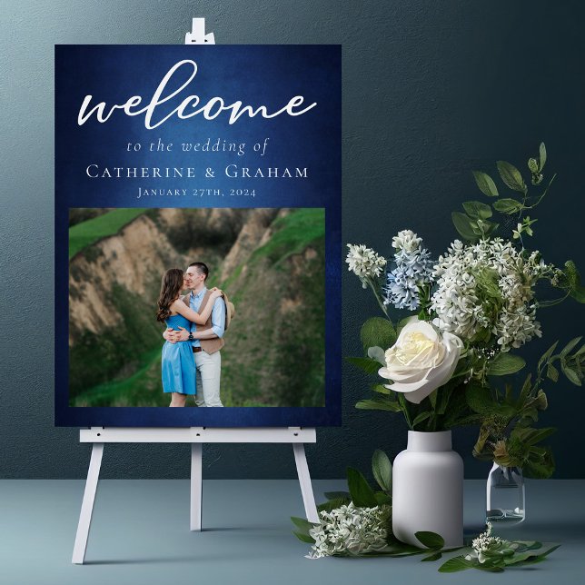 Modern Blue Couple Photo Evening Wedding Welcome Foam Board (Creator Uploaded)