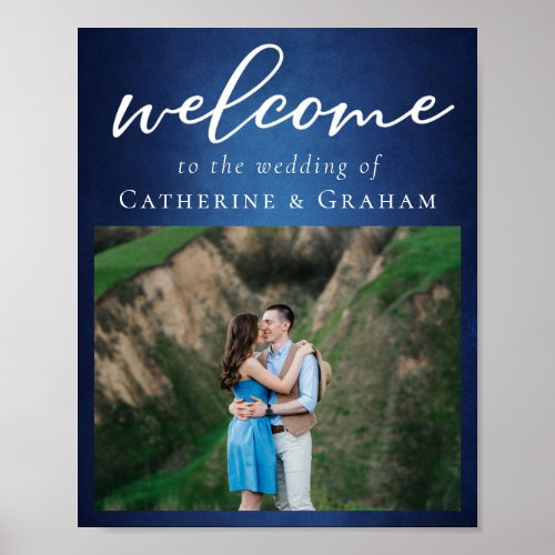 Modern Blue Couple Photo Evening Wedding Welcome Poster