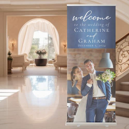 Modern Blue Couple Photo Evening Wedding Welcome Retractable Banner