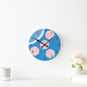 Modern Blue Court Tennis Pink Ball Racket Round Clock