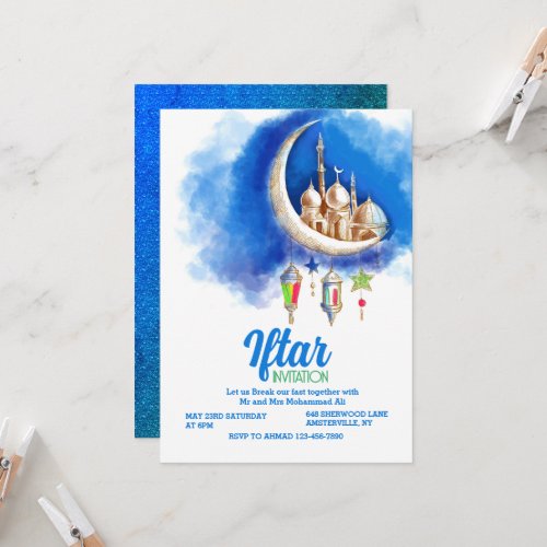 Modern Blue crescent  Iftar Party Invitation