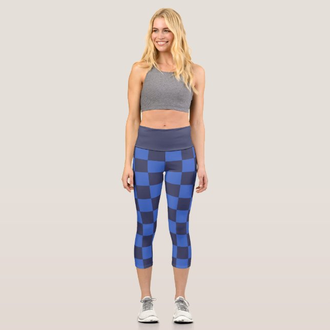 Modern Blue Croatian Geometric Checkered Capri Leggings (Front)