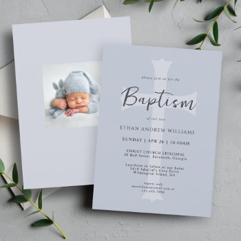 Modern Blue Cross Baby Baptism With Photo Invitation by DancingPelican at Zazzle