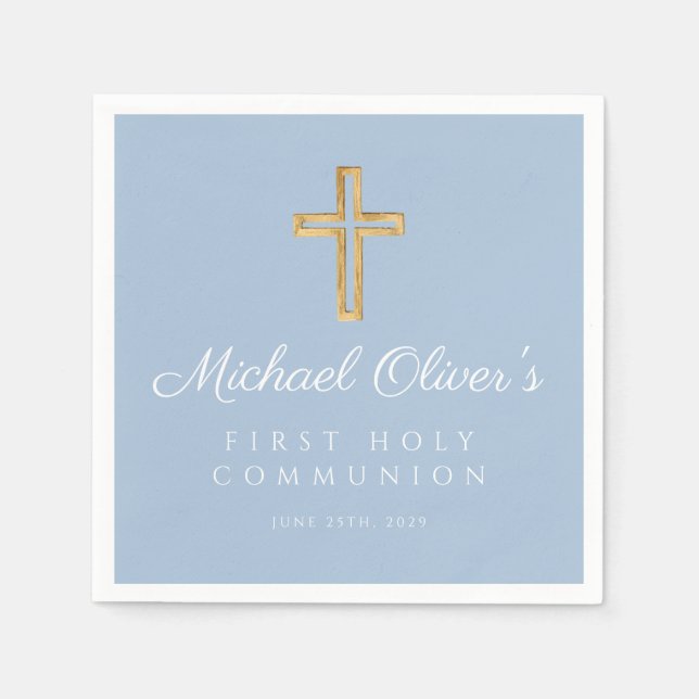 Modern Blue Cross Boy First Communion  Napkins (Front)
