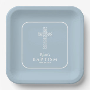Modern Blue Cross Communion Baptism Christening Paper Plates
