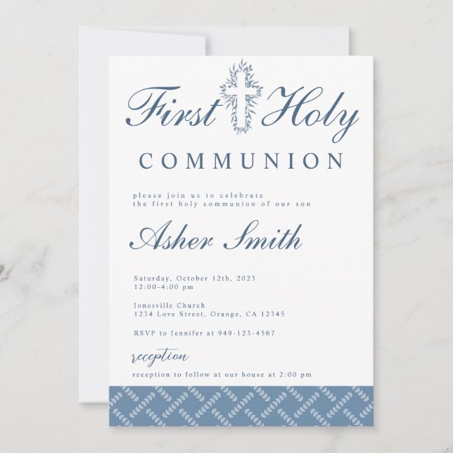 Modern Blue Cross First Holy Communion Invitation (Front)