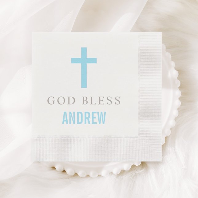 Modern Blue Cross God Bless Baby Boy Baptism Paper Napkins (Creator Uploaded)