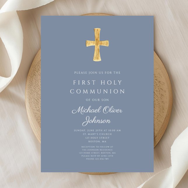 Modern Blue Cross Religious Boy First Communion Invitation (Modern Blue Cross Religious Boy First Communion Invitation)