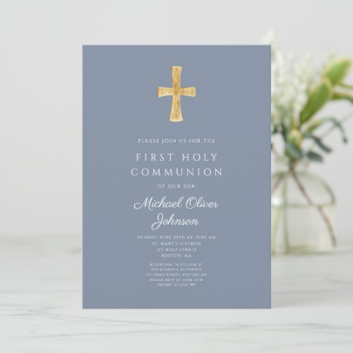 Modern Blue Cross Religious Boy First Communion Invitation