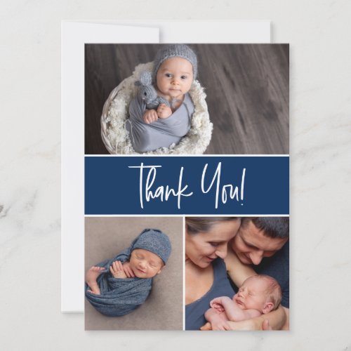 Modern Blue Custom Newborn Photo collage Shower Thank You Card