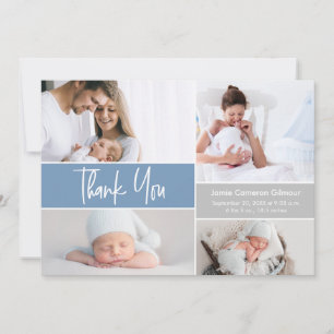 Modern Blue Custom Photo Collage Baby Boy Shower  Thank You Card