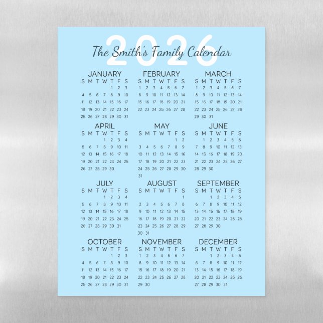 Modern Blue Custom Yearly 2026 Family Calendar Magnetic Dry Erase Sheet (Vertical)