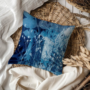 Modern Blue Cyanotype Botancial Foliage  Throw Pillow