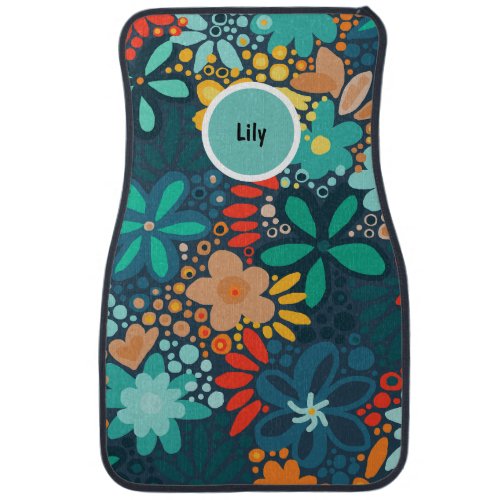 Modern blue dark floral car floor mat