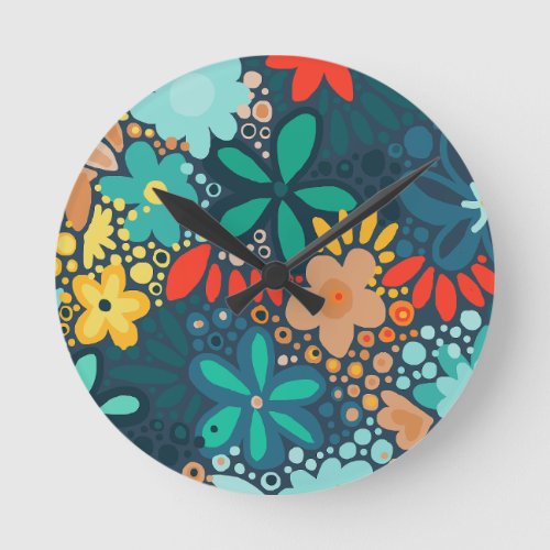 Modern blue dark floral  round clock