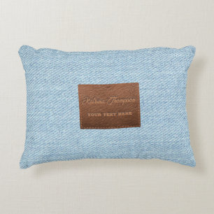 Modern Blue Denim Jeans Texture Leather Patch Accent Pillow