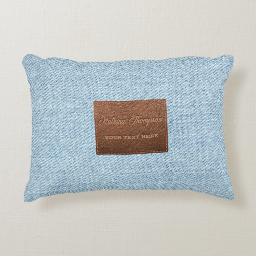 Modern Blue Denim Jeans Texture Leather Patch  Accent Pillow