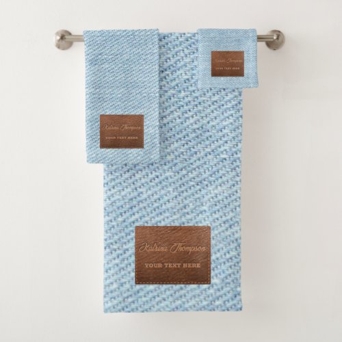 Modern Blue Denim Jeans Texture Leather Patch Bath Towel Set