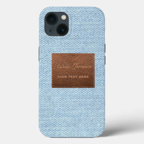 Modern Blue Denim Jeans Texture Leather Patch iPhone 13 Case