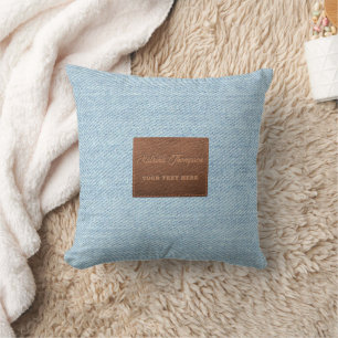 Modern Blue Denim Jeans Texture Leather Patch Throw Pillow