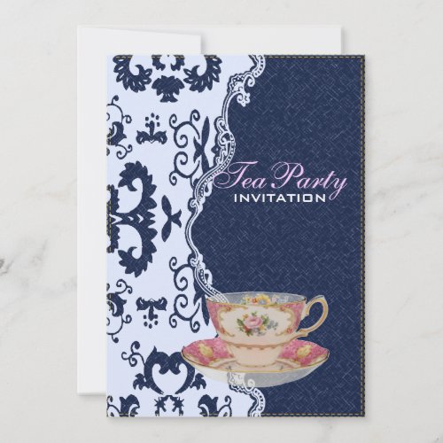 modern blue denim lace Floral country Tea Party Invitation