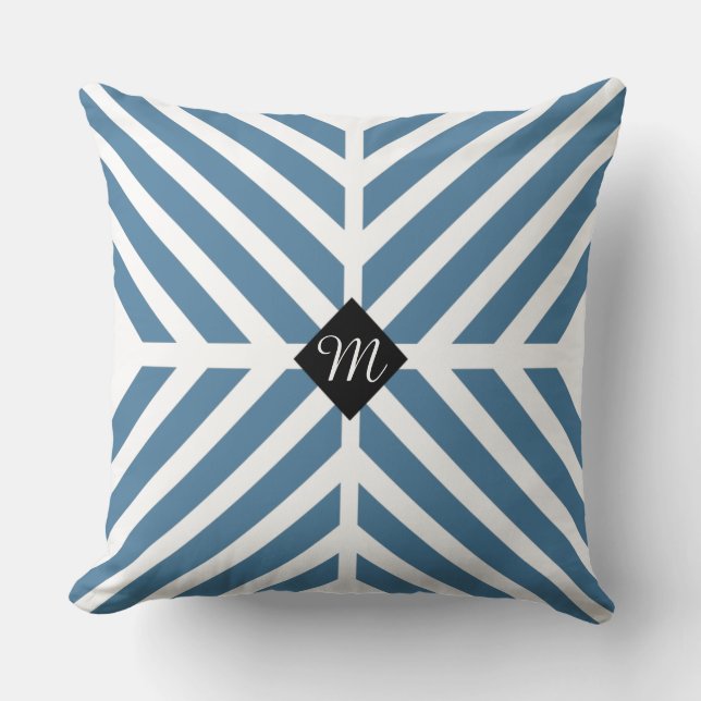 Modern Blue Diagonal Stripes Monogram Initial Throw Pillow (Front)