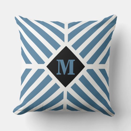 Modern Blue Diagonal Stripes Monogram Throw Pillow