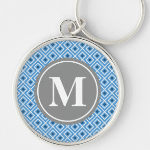 Modern Blue Diamond Graphic Pattern Monogram Keychain