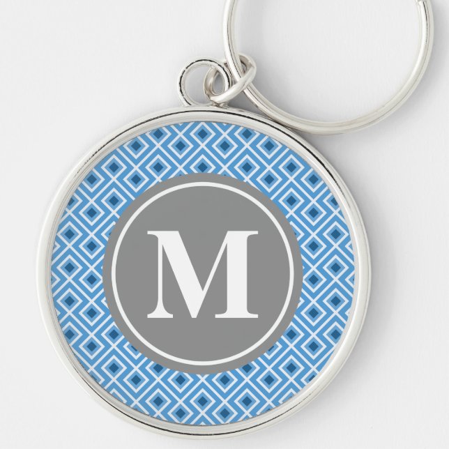 Modern Blue Diamond Graphic Pattern Monogram Keychain (Front)