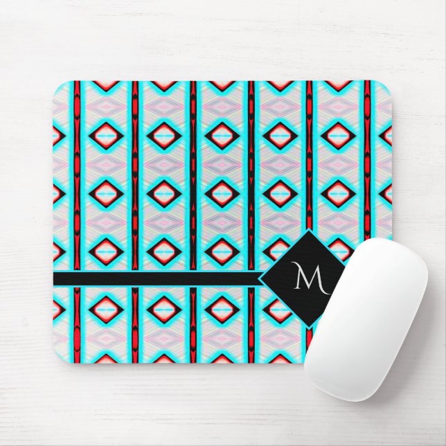 Modern Blue Diamond Red Pattern White Monogram  Mouse Pad (With Mouse)