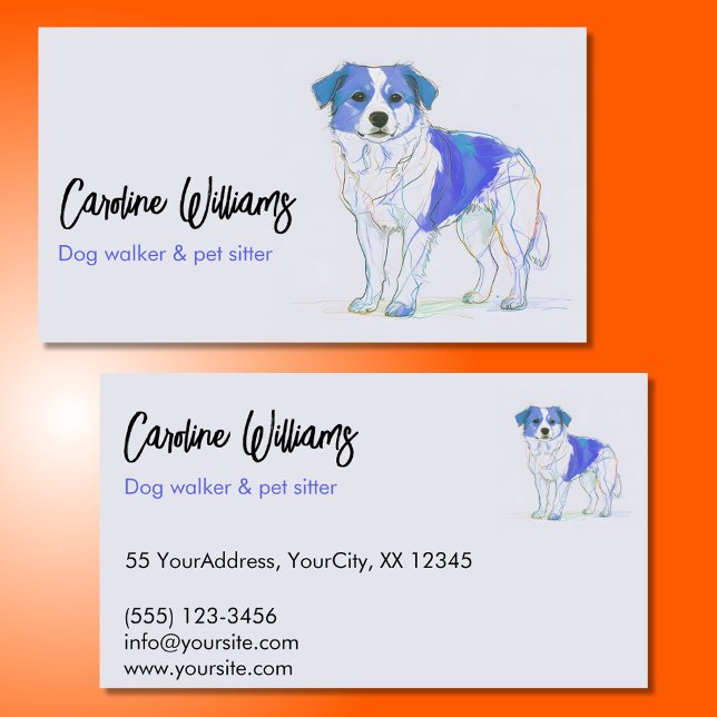 Modern blue drawing dog walker pet sitter business card (Creator Uploaded)
