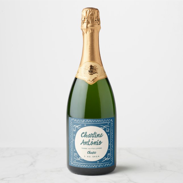 Modern Blue Drawing Handwriting Retro Wedding   Sparkling Wine Label (Front)