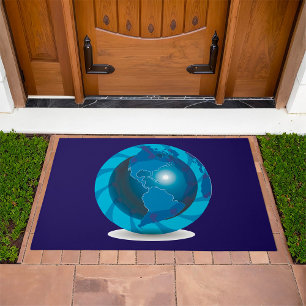 Modern Blue Earth Globe World Map Doormat