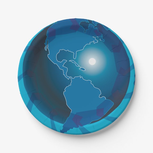 Modern Blue Earth Globe World Map Paper Plates (Front)