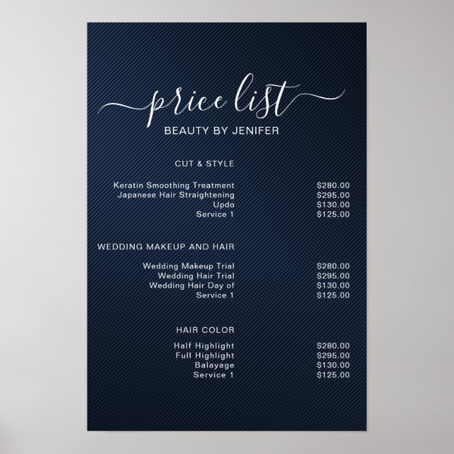 Modern Blue Elegant Beauty salon price list Poster (Front)