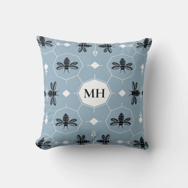 Modern Blue Elegant Black Bee Pattern Monogram Throw Pillow (Front)