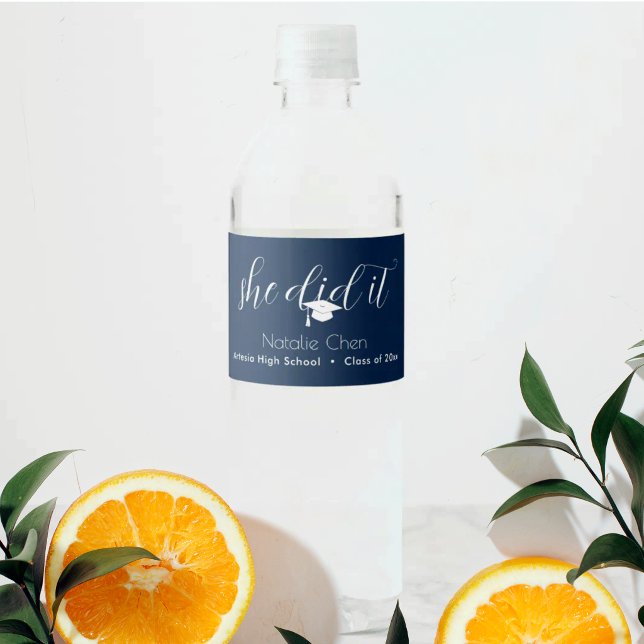 Modern Blue Elegant Fonts Graduation Water Bottle Label (Creator Uploaded)