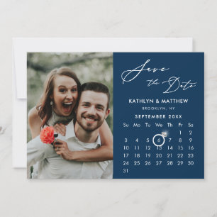 Modern Blue Elegant Script Custom Calendar Photo Save The Date